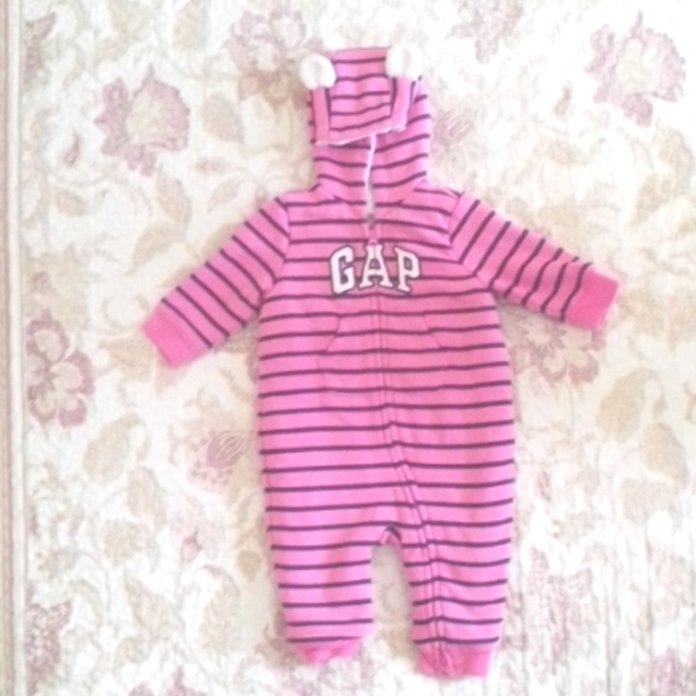 Baby Gap Pink, and navy striped Onesie with hood. US 3-6M